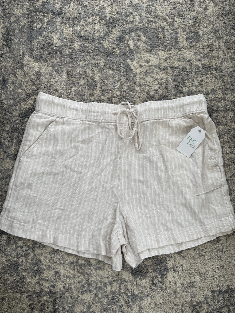 Time and Tru Light Beige Striped Linen-Blend Women's Drawstring Shorts